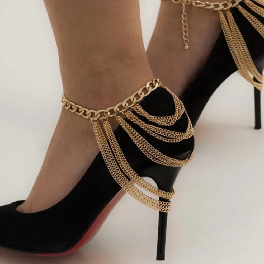 New 1 Piece Golden Layered Chain Anklet | High Heel / Wedge Shoe Accessory - Picture 14 of 16